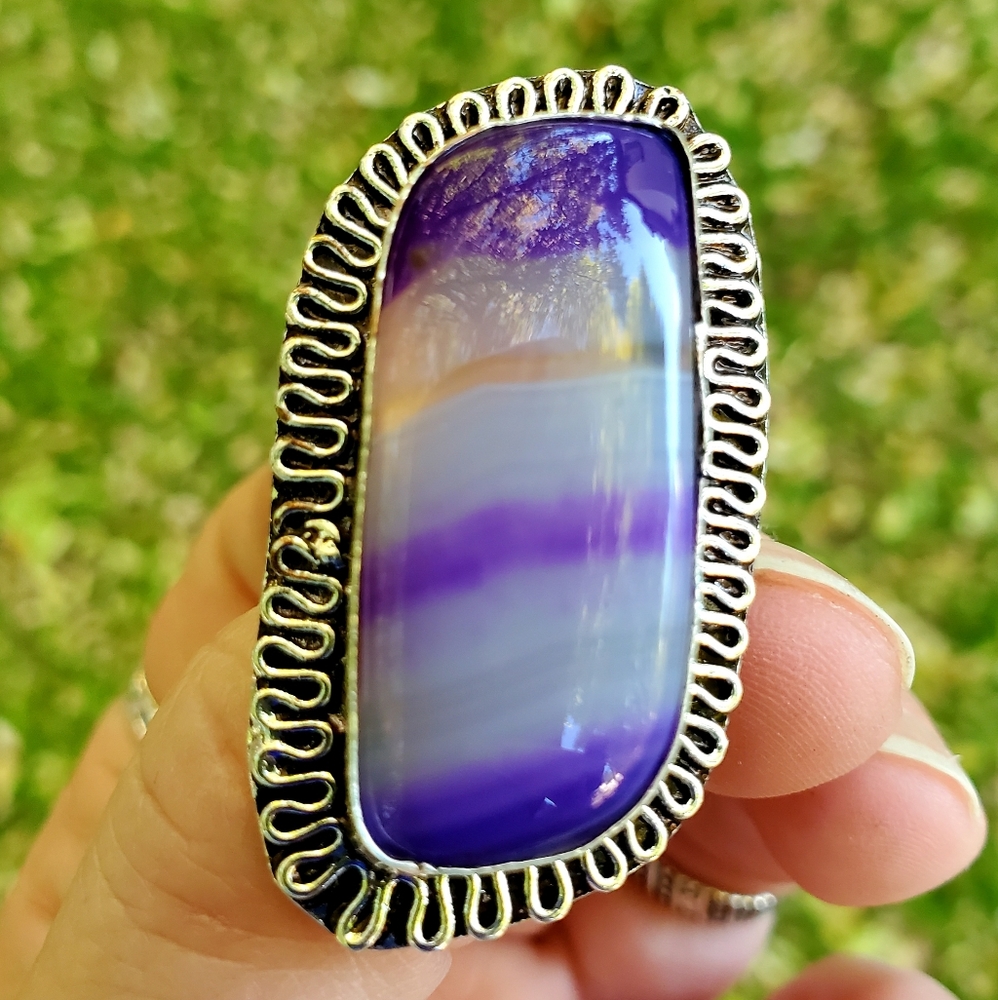 **$15 Sale** New Purple Stripes Agate 925 Silver Ring. - Picture 7 of 10